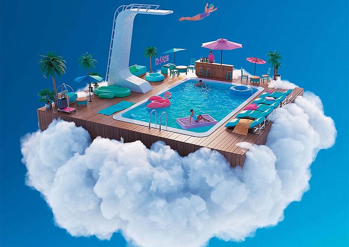 EuroDreams Traumpromotion. Sinnbildliche Darstellung einer Wolke mit einem Pool.